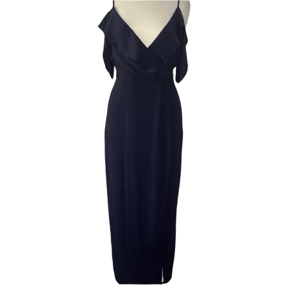 “NEW” Deep Navy Bardot Ruffled Bust Line Drop Shoulder Faux Wrap Dress Sz 6
